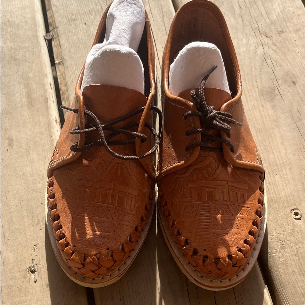 Men's Leather Woven Lace-Up Shoes - Tan